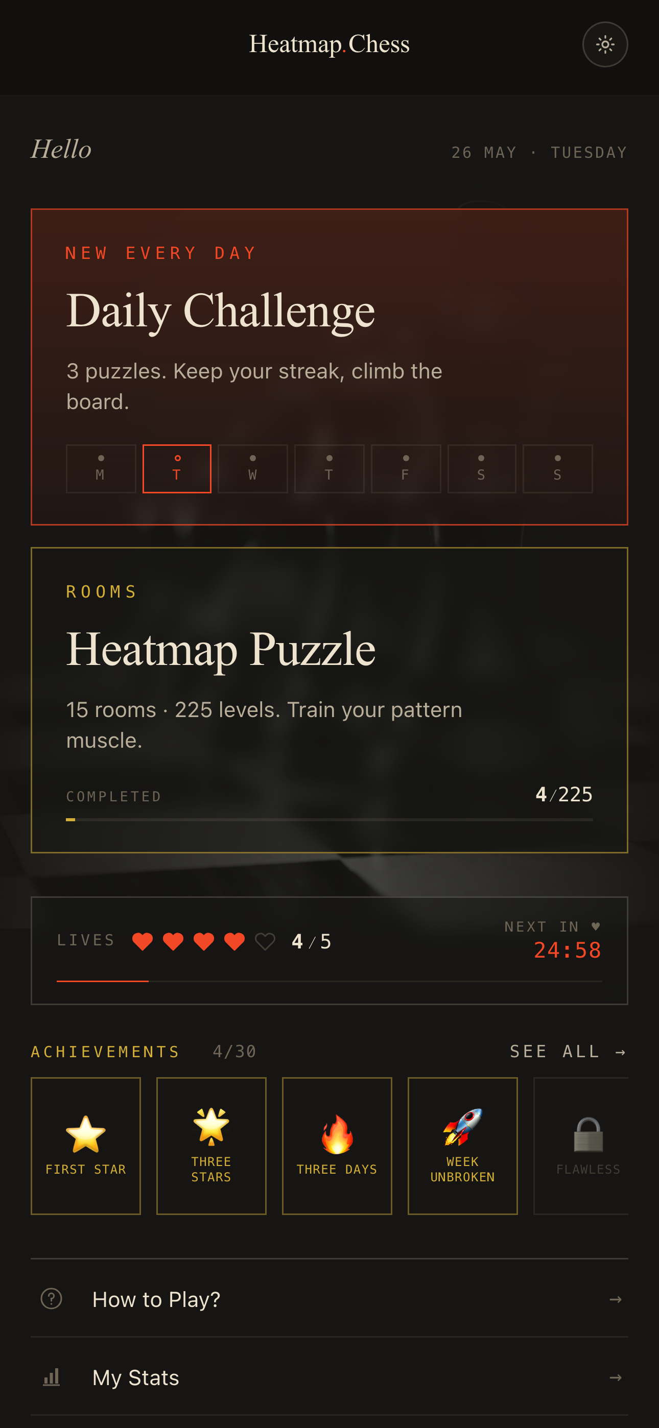 Heatmap.Chess ana ekranı — satranç bulmaca odaları